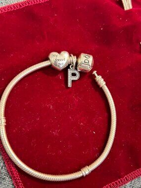 Pandora Sterling Silver Charm Bracelet W/ My Sweet Per Heart & Initial P